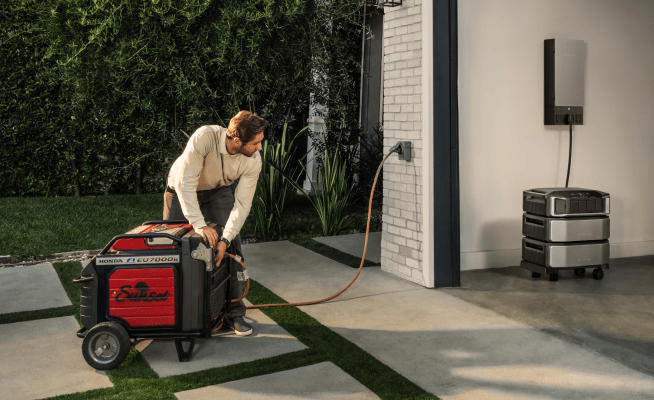 A man plugs a gas standby generator into his home's inlet box. An EcoFlow DELTA Pro Ultra is plugged into a wall-mounted Smart Home Panel 2.